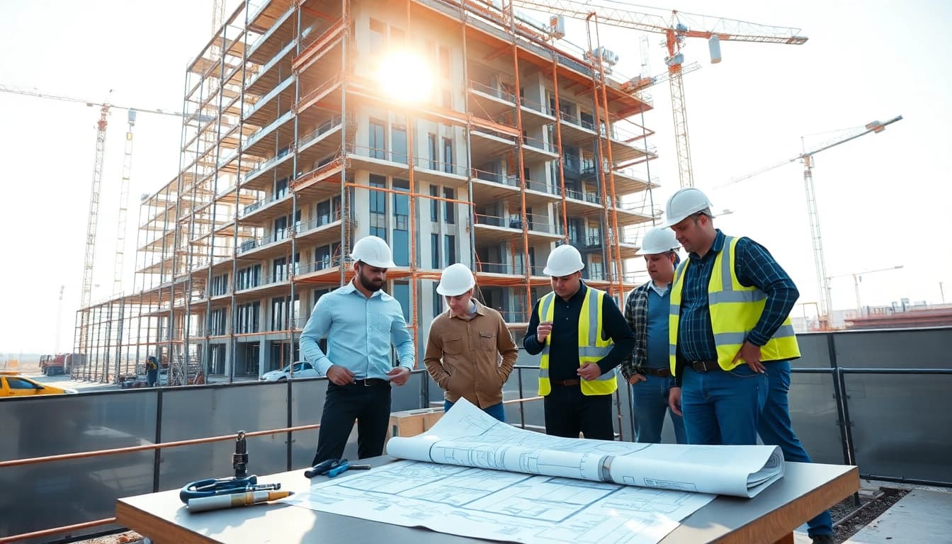 Construction association North Carolina professionals collaborating on-site with blueprints and equipment.