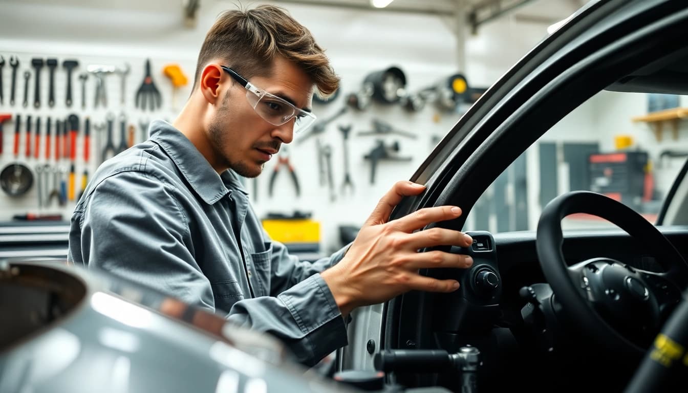Unfallschaden reparatur berlin durch einen erfahrenen Techniker in einer gut beleuchteten Werkstatt.