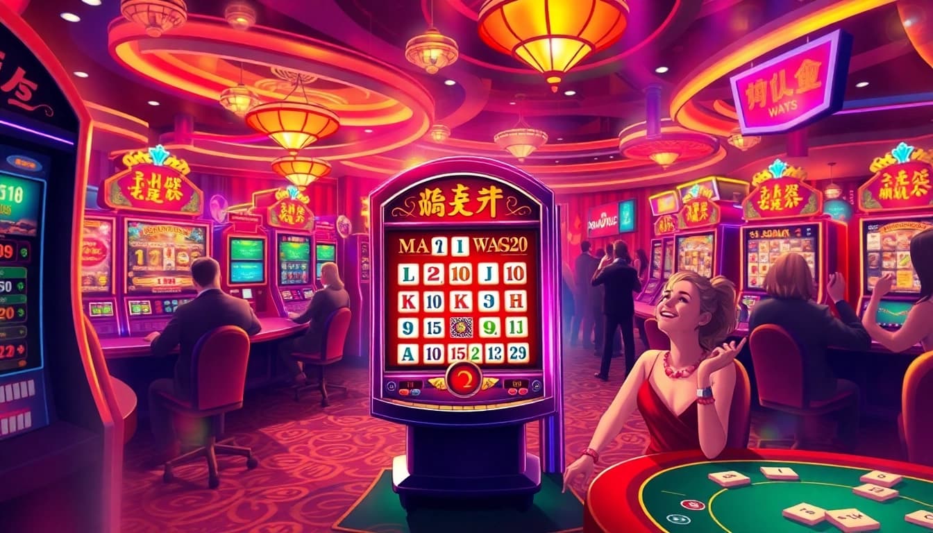 Players captivated by Mahjong Ways 2 at a lively casino, showcasing joy and excitement.