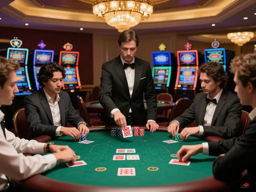 Situs 1k players engaging at a high-stakes poker table in a luxurious casino setting, showcasing competitive atmosphere.