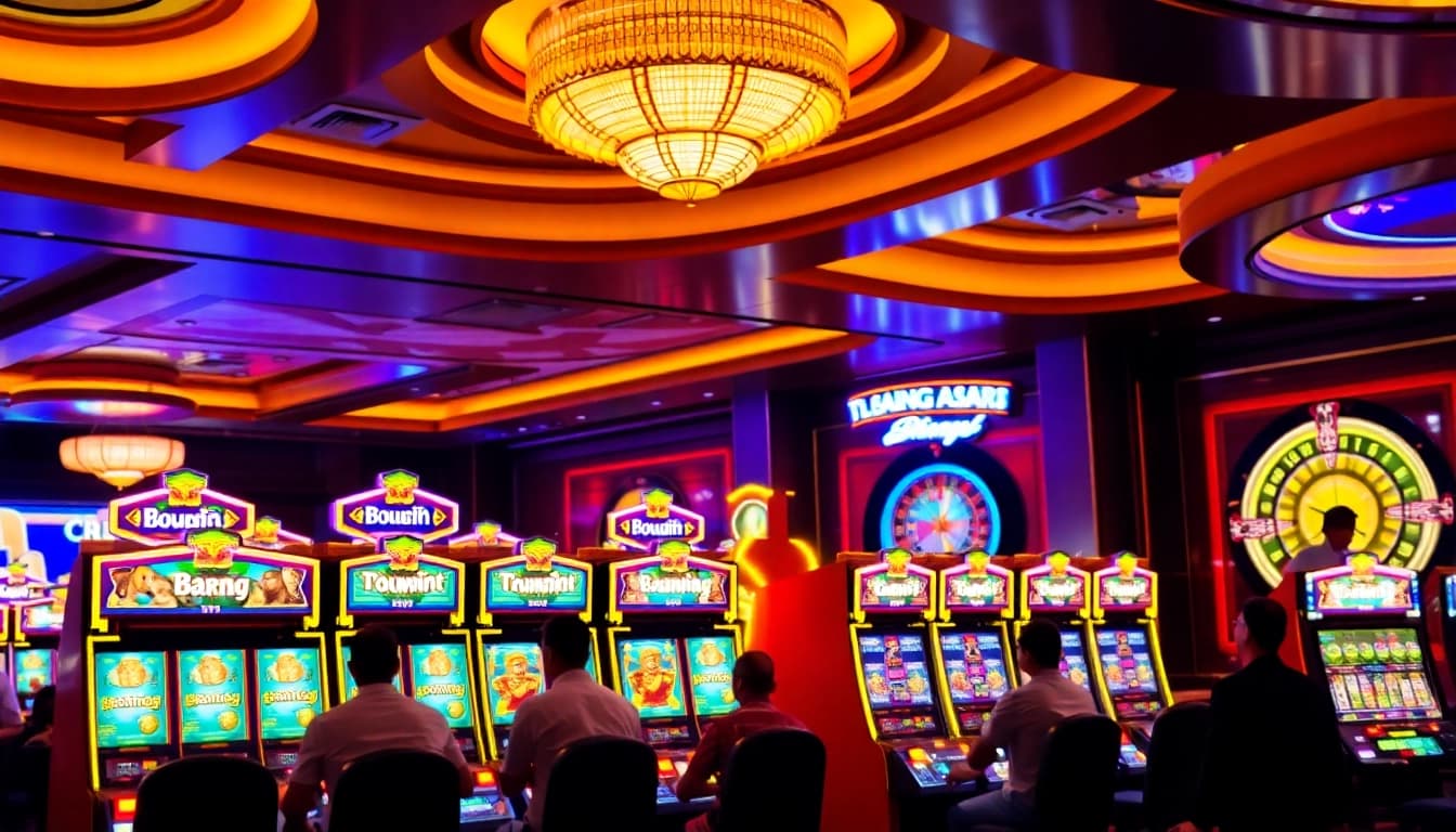 Players enjoying slot machines themed around raja barong in a vibrant casino atmosphere