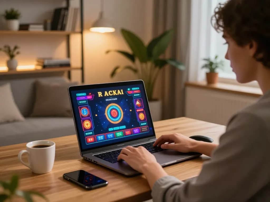 Engaged in online gambling at https://www.atqvn.com/ with a laptop showing colorful casino game interface.