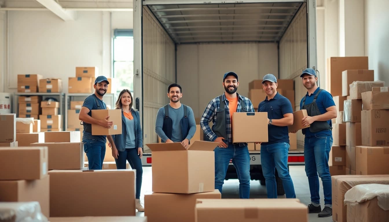 Movers packing a truck in a vibrant moving facility, showcasing teamwork and positivity.