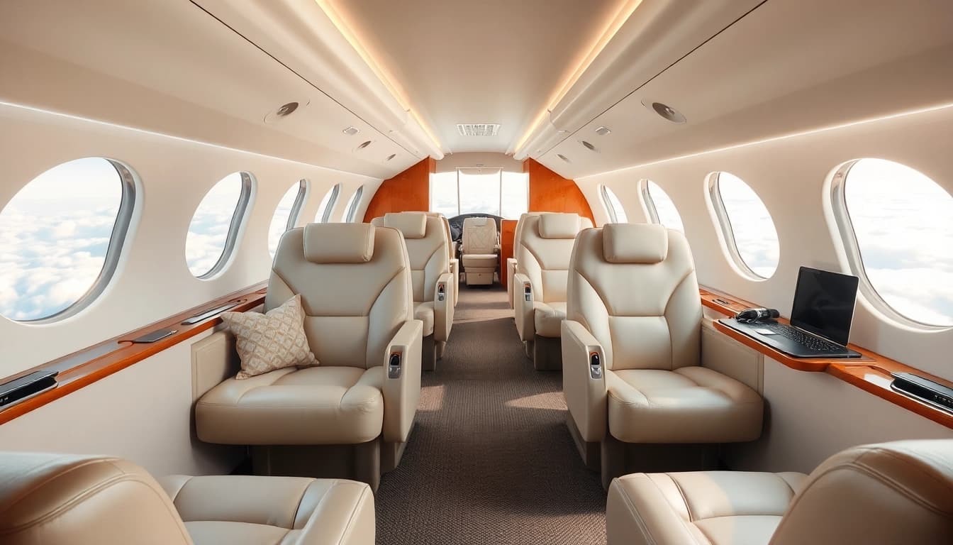 Discover luxury aboard https://flymarquis.com with a stunning private jet interior showcasing elegance and comfort.