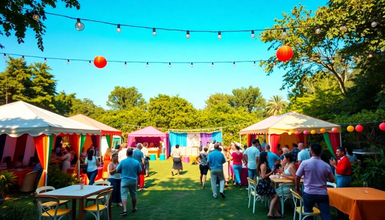 Enjoying a vibrant outdoor party with various Party Rentals set up for a festive atmosphere.