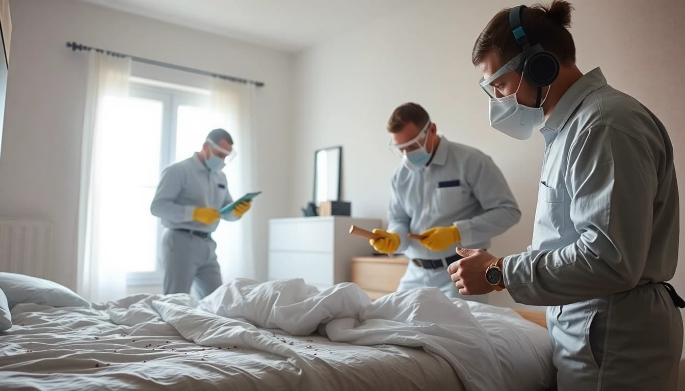 Bed bug exterminators professionally inspecting a bedroom for infestation