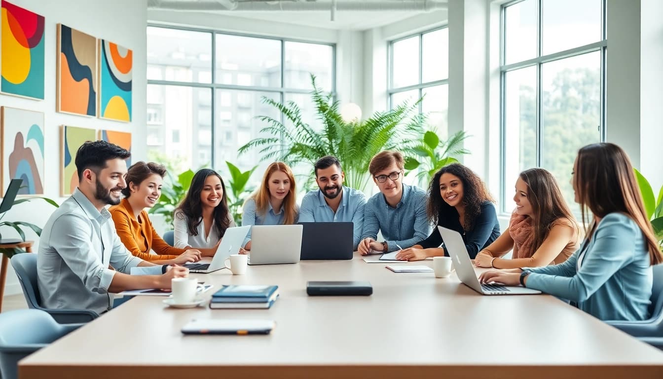 Agency professionals collaborating creatively in a bright, modern workspace.