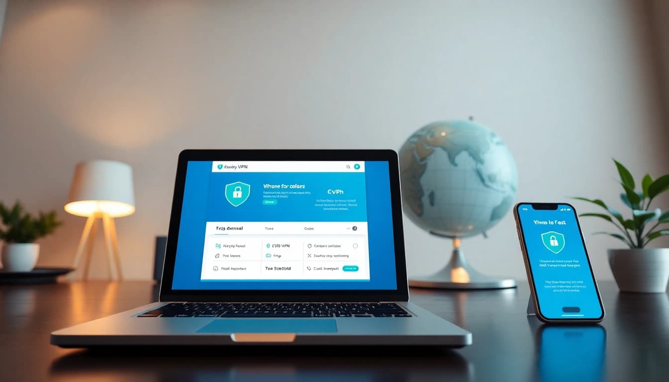 快连VPN interface on a laptop screen in a serene workspace, symbolizing security and global connectivity.