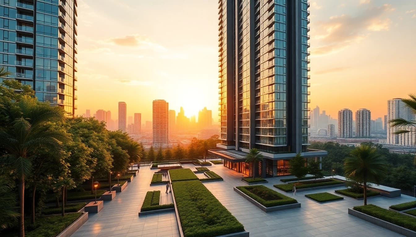 Showcase of the lion residence, a luxury apartment complex with glass towers and lush greenery.