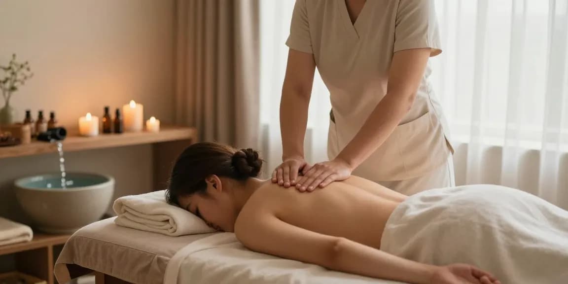 마사지로 편안한 휴식을 취하는 모습, 아로마 오일과 촛불이 있는 조용한 스파 환경.