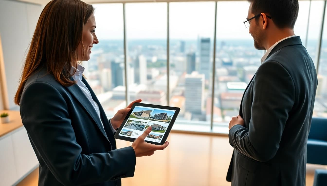 Erfahren Sie https://frankfurt-bester-immobilienmakler.de mit einem Immobilienmakler in einer modernen Büroeinrichtung.