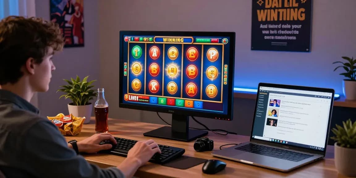 Exciting online slot gaming scene featuring a colorful slot game on desktop, snacks, and motivational decor.