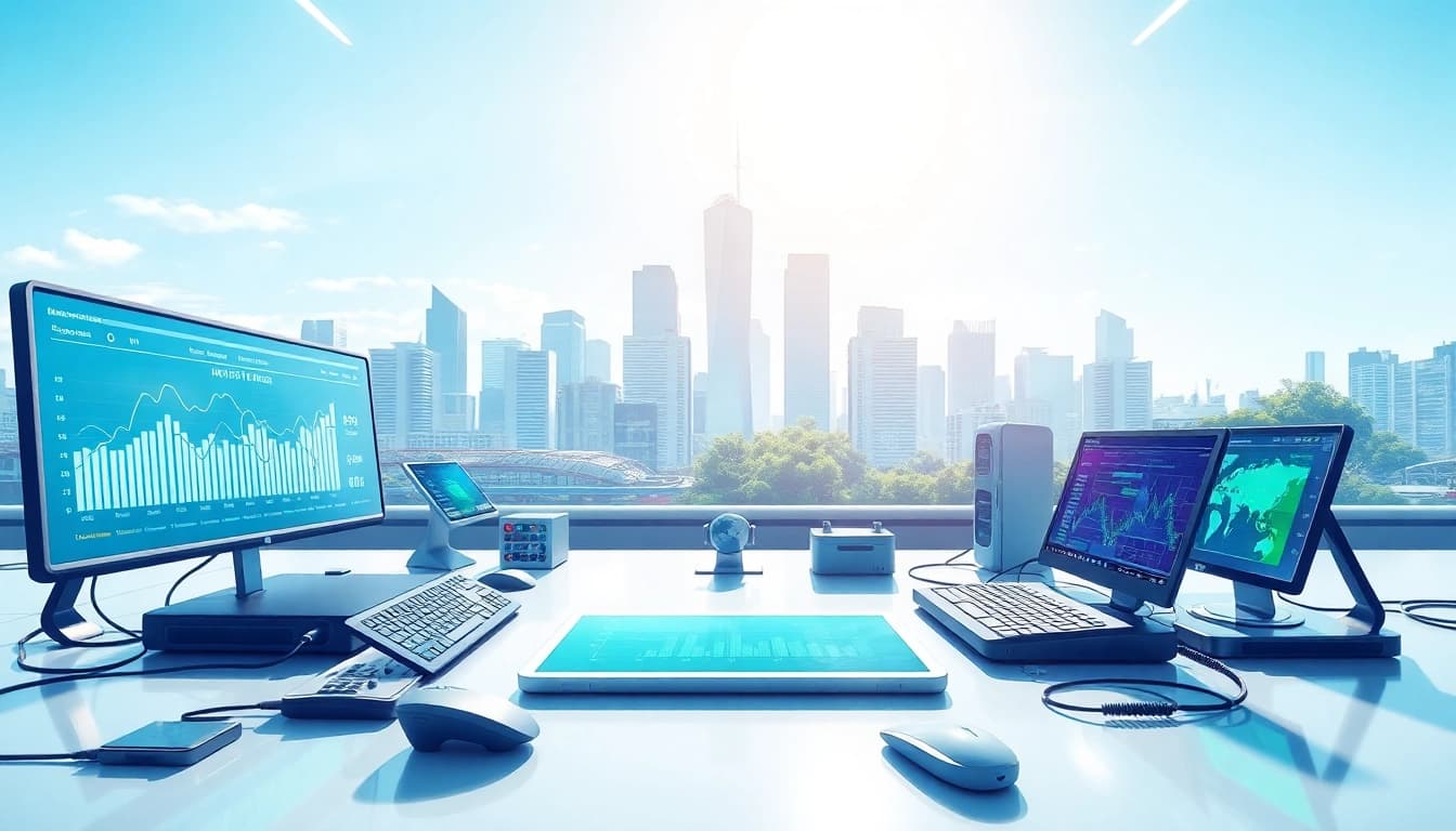 Engaging representation of Technology showcasing a vibrant workspace equipped with advanced digital tools and analytics.