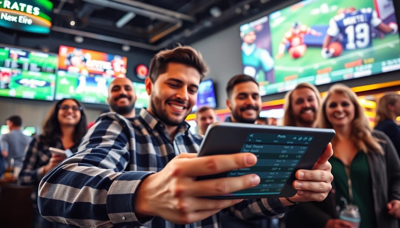 Engaged bettors exploring sportsbooks in Manitoba in a vibrant sports bar atmosphere.