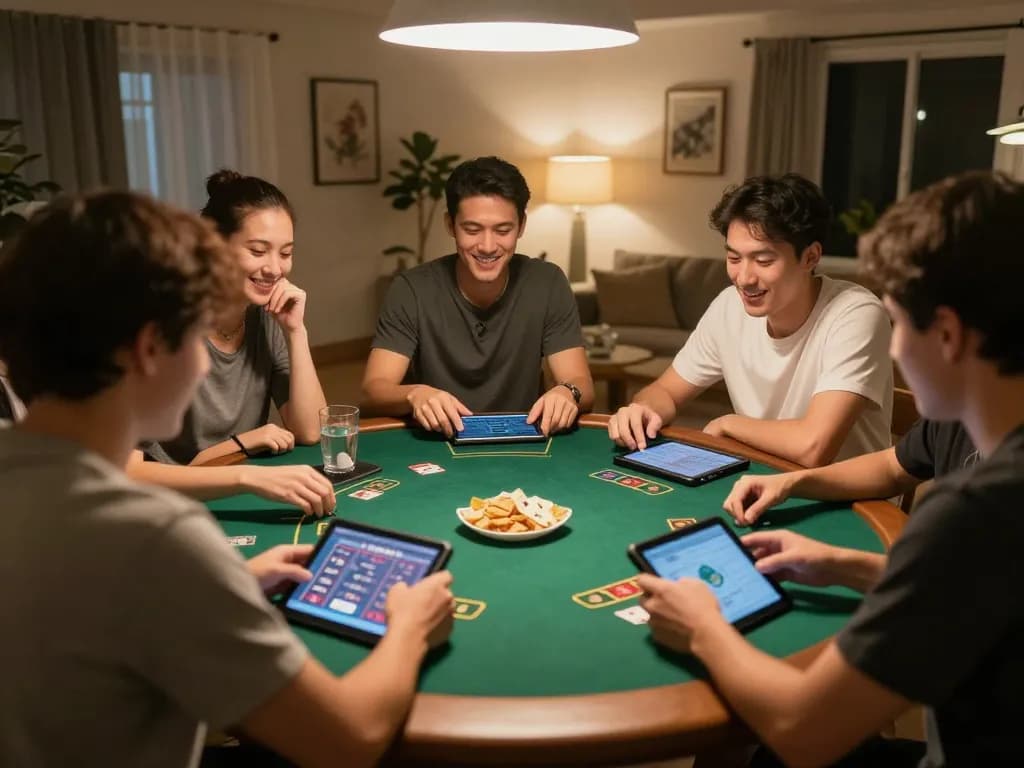 Lô đề online gameplay at a friendly home poker night with tablets and snacks, showcasing strategic fun.