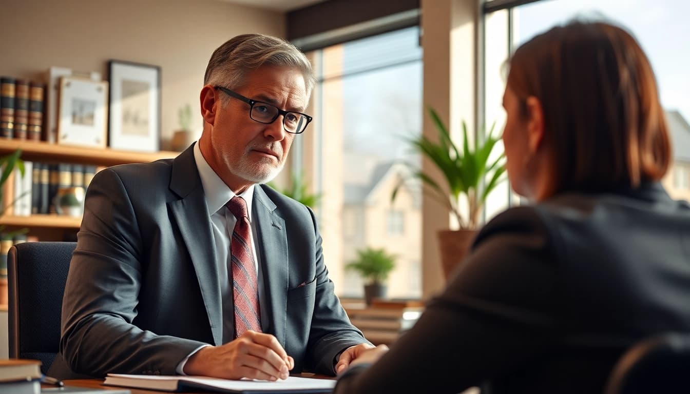 Skilled South Dakota car accident lawyer consulting with a client in an office.