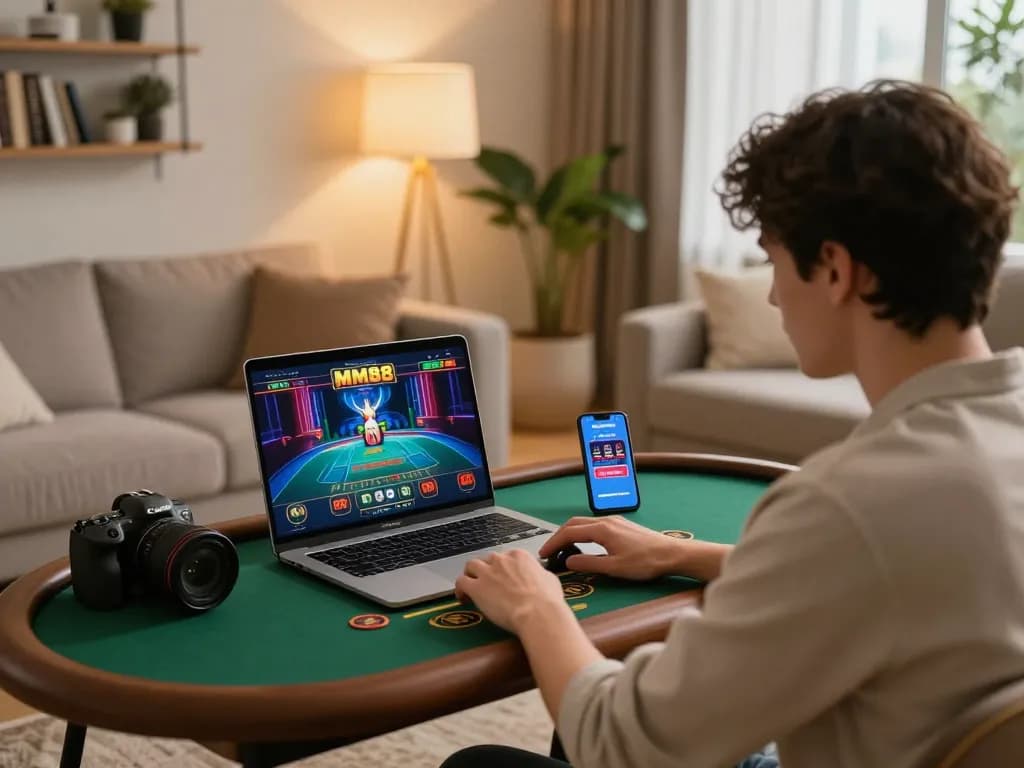 Engaging scene showcasing safe online gambling with link vào MM88 an toàn displayed on laptop in a cozy living room.