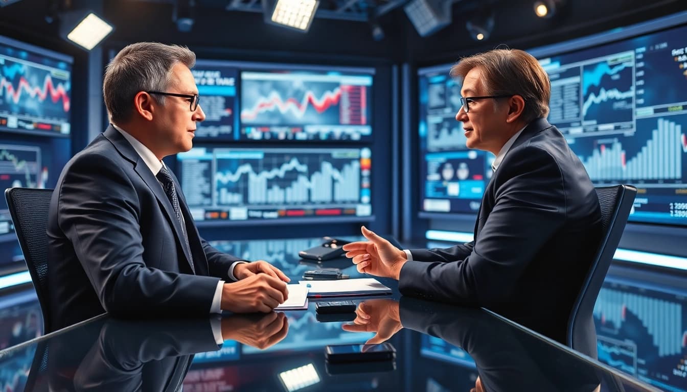 Journalist at desk reporting on technology trends at https://relevance.com.ua with a high-tech backdrop.