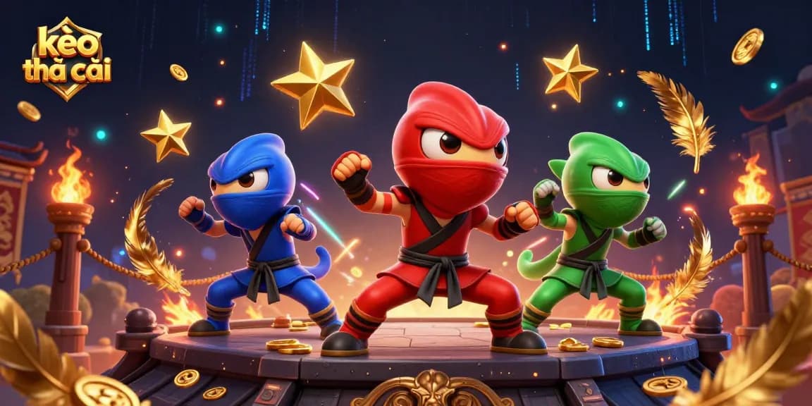 Engage with kèo nhà cái in a vibrant scene featuring colorful chameleon ninjas and dynamic gambling elements.