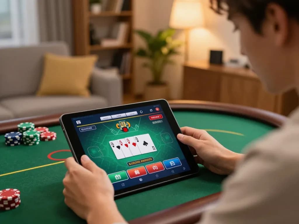 Player enjoying Nk88 online poker with engaging interface, demonstrating strategic gameplay in a cozy setting.