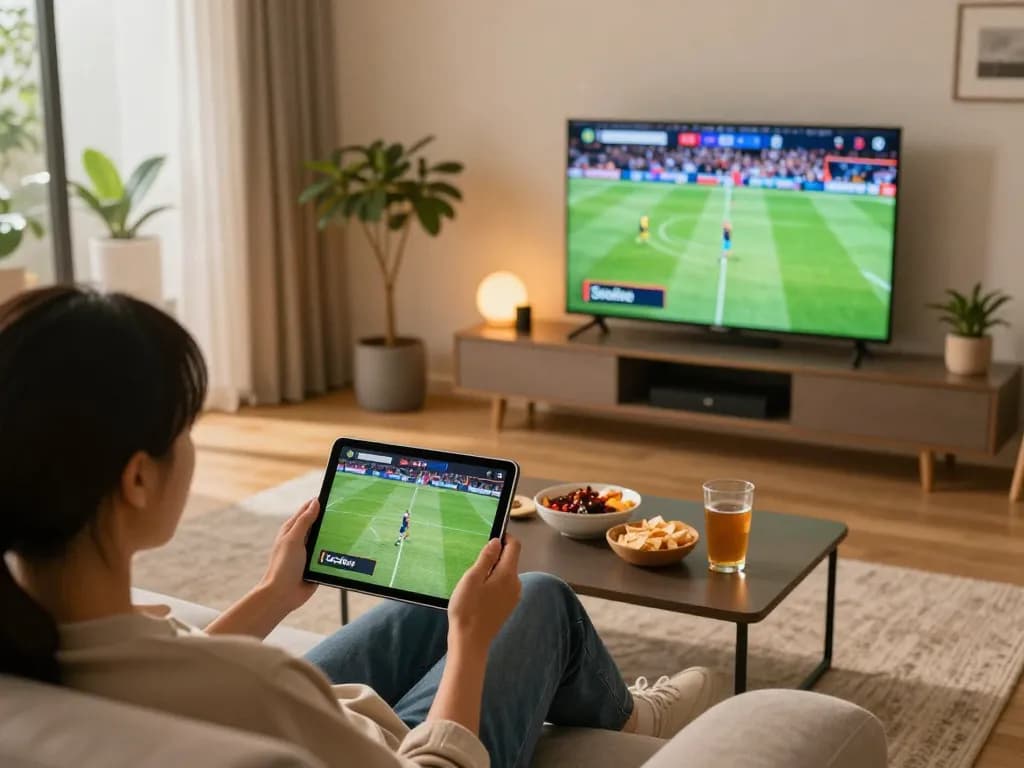 Socolive tv user enjoying a live football match on tablet in cozy home setting.