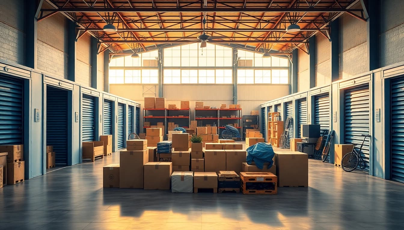 View of self storage units filled with organized boxes and sports gear in a bright warehouse.