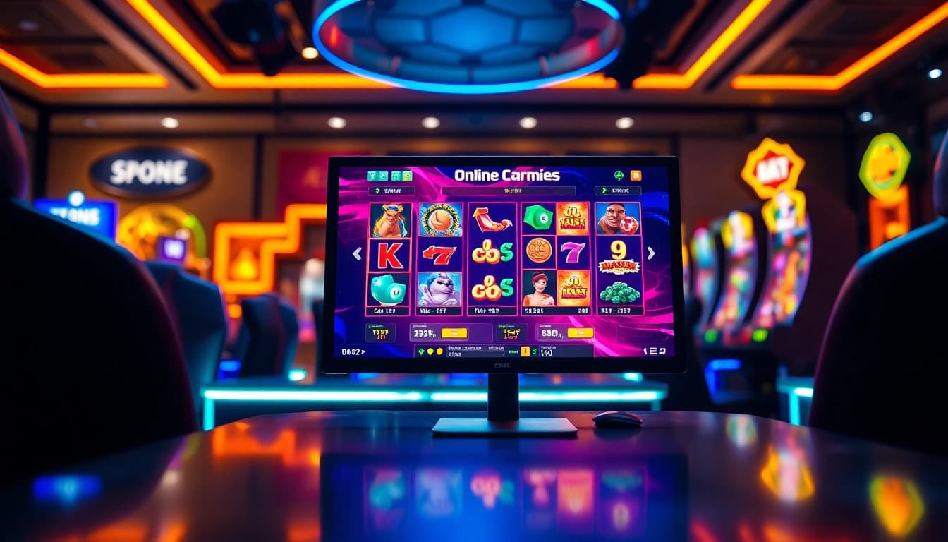 Menampilkan gambar platform komengtoto yang modern dengan antarmuka slot permainan online yang dinamis.