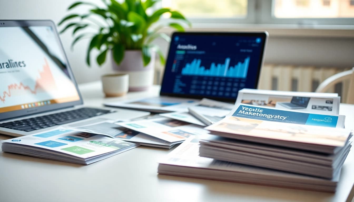 Engaging scene of Atlas Direct Mail marketing materials on a work desk showcasing brochures and analytics.