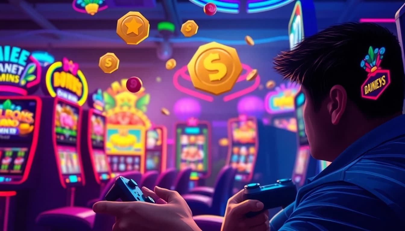 Menangkan di permainan PLANET77 game dengan simbol bonus dan lampu berkilauan.
