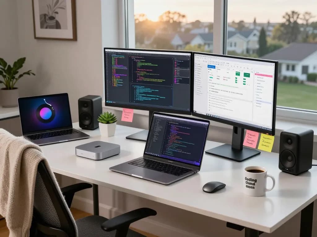 Developer using Mac mini in a modern workspace with dual monitors and vibrant code.