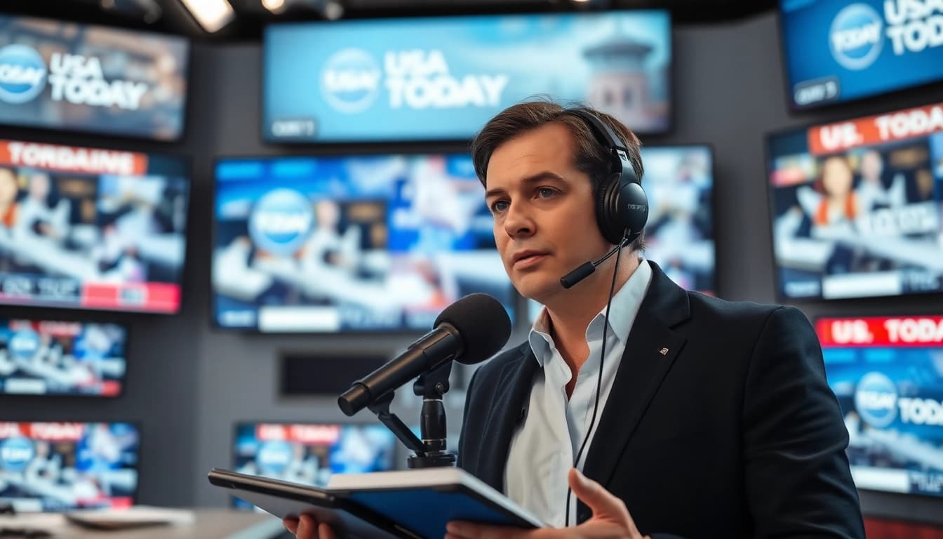 Journalist covering breaking news for Usa Today in a dynamic newsroom setting.