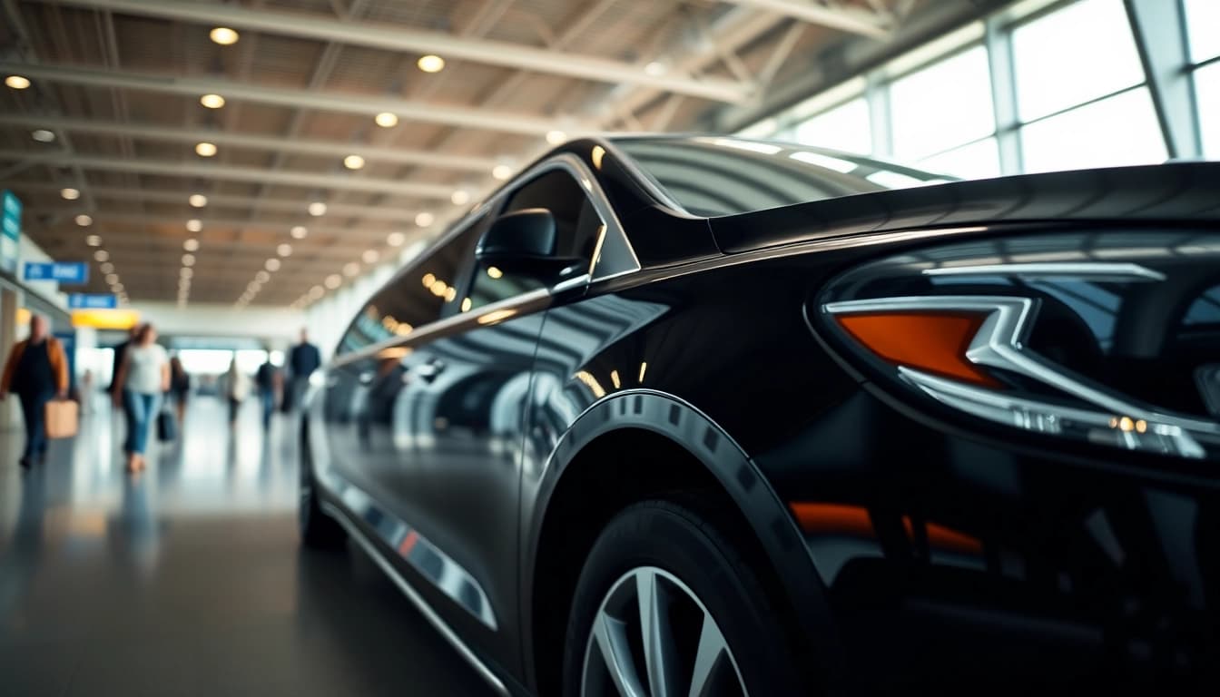 Experience luxury with https://www.canadalimotaxi.com showcasing an elegant limousine service at an airport.