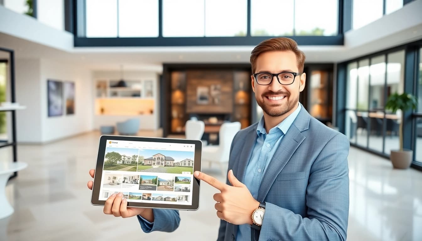 Real estate expert presenting properties through www.tbplhomes.com in a modern office.