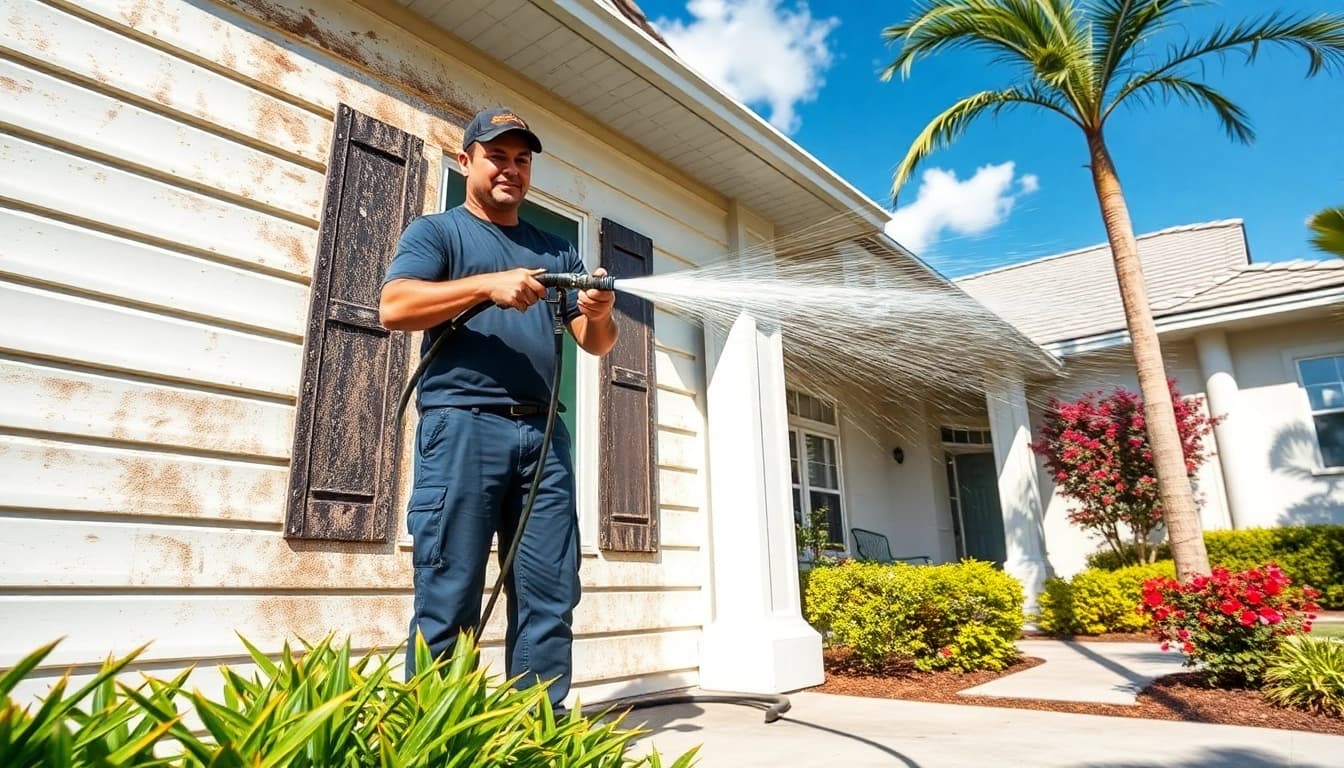 Pressure wash technician cleaning a residential home in Kissimmee, Florida, showcasing professional exterior cleaning.