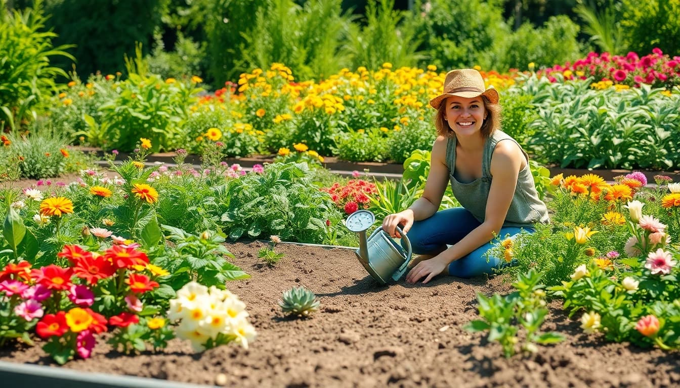 Gardening enthusiast tending to a colorful garden bed filled with flowers and vegetables.