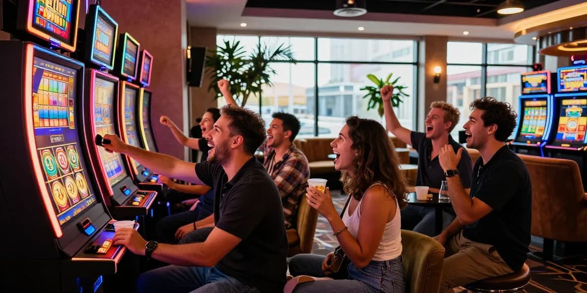 Exciting slot gaming scene with friends cheering at a casino machine.