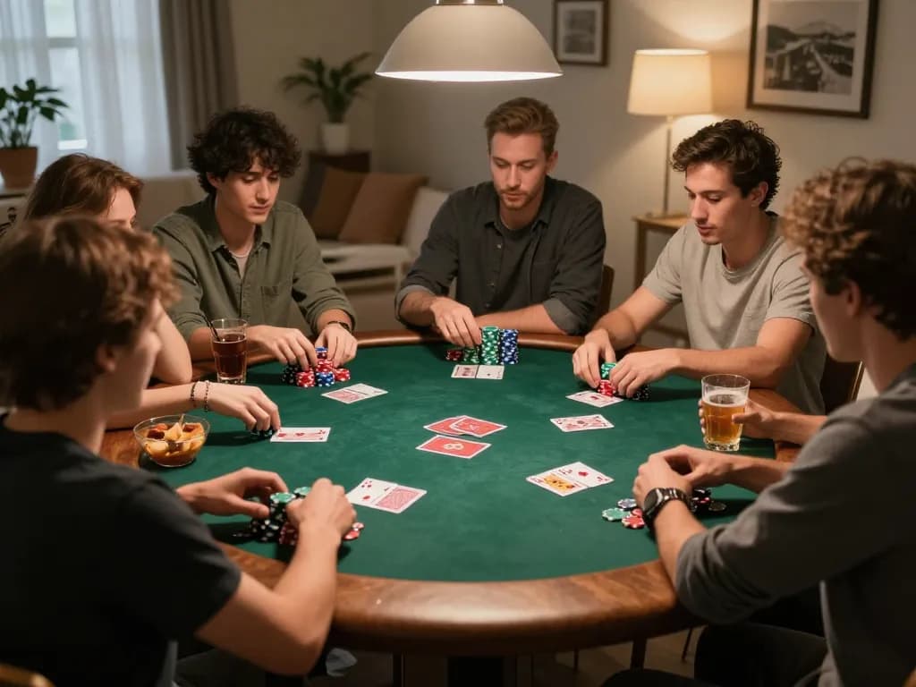 Friends enjoying a competitive poker game at home, showcasing gori77 gaming strategies.