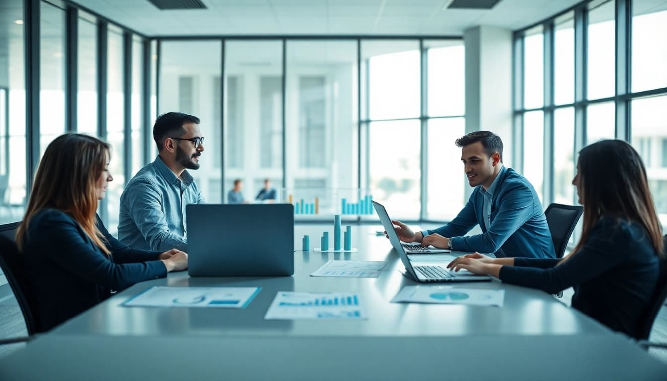 Explore competitive intelligence faqs with a professional team discussing strategies in a bright office.
