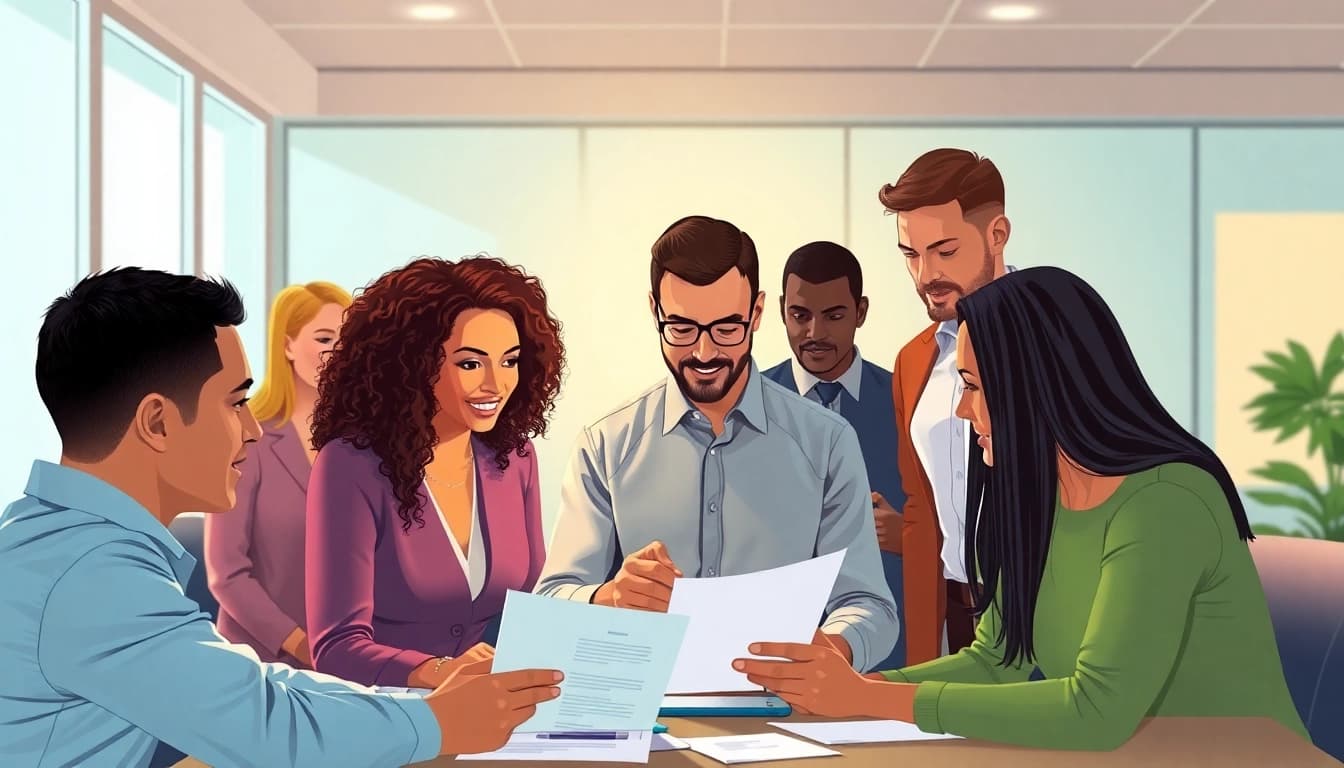 Individuals collaborating to complete an ITIN application in a bright office setting