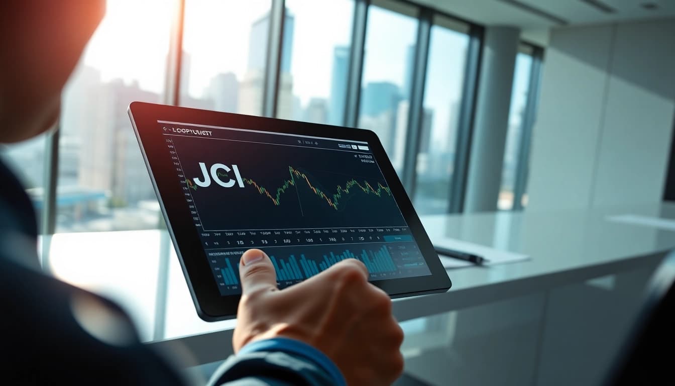 Analyze JCI stock price with a financial expert in a modern office setting.