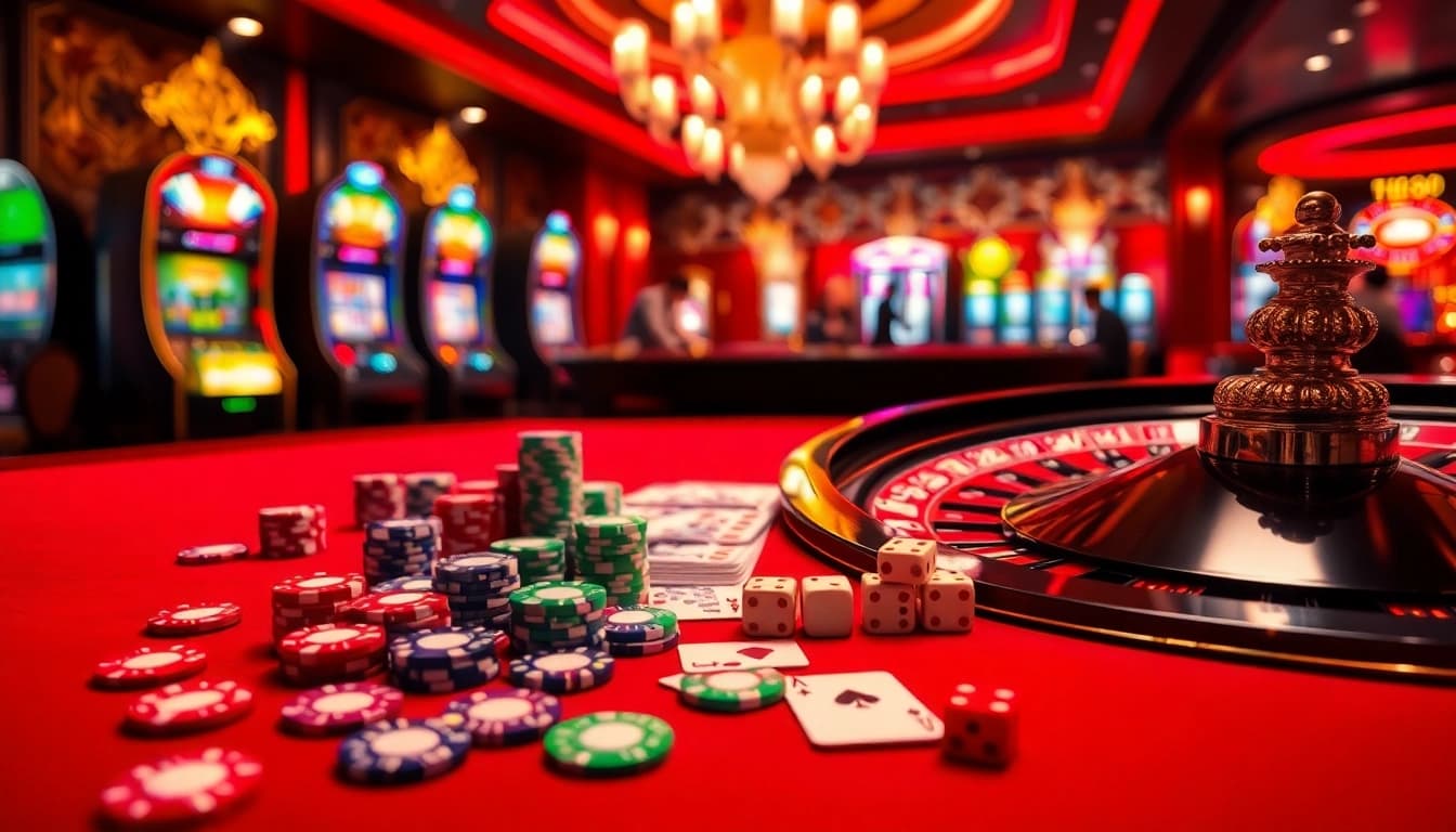 Winning hand at Hi88 red casino table illuminated with vibrant chips and cards.