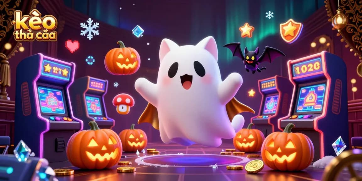 Engage with kèo nhà cái in a vibrant haunted casino setting featuring animated characters, retro arcade elements, and glowing visuals.