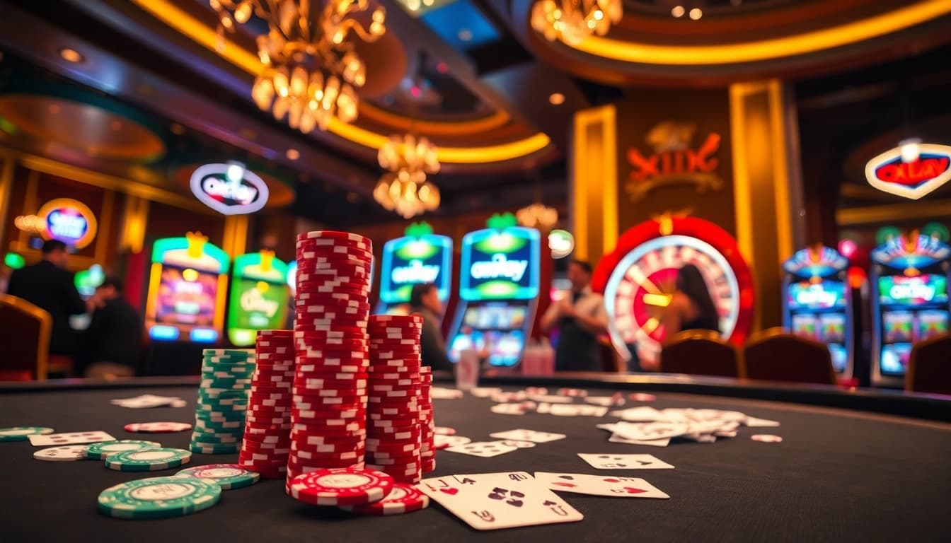 Gamblers enjoying casino games at an oxplay themed gaming table surrounded by slot machines.