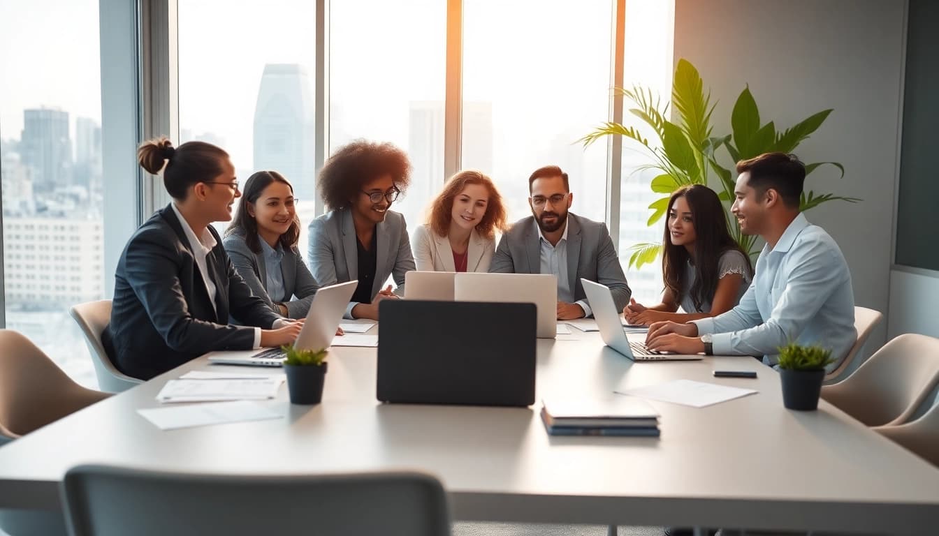 Engaging business meeting showcasing professionals collaborating effectively in a modern office.