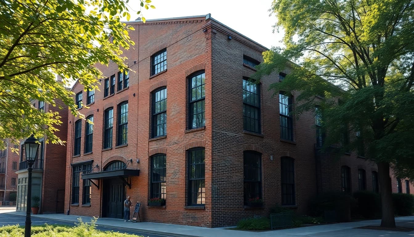 Old Knows Factory's historic facade framed by greenery, showcasing its architectural beauty.