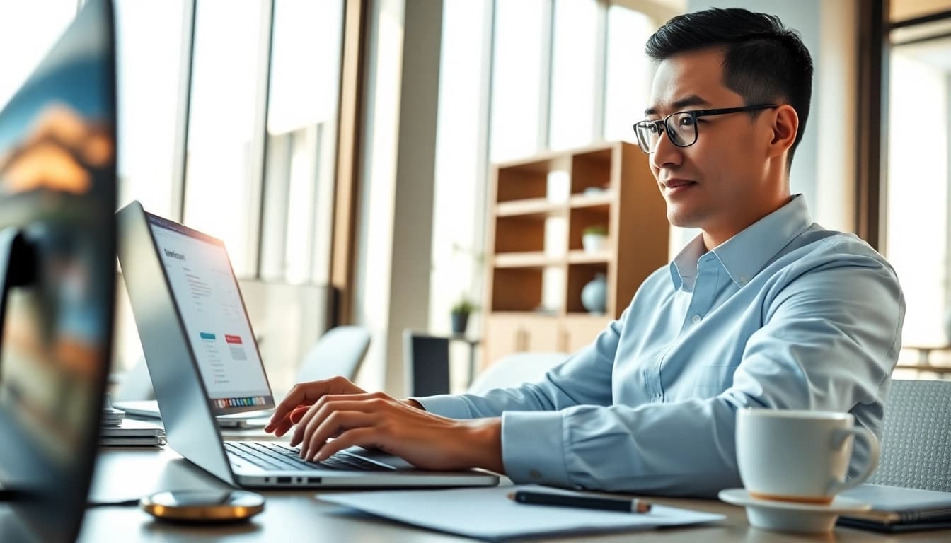 Efficient user engaging with wps电脑版 in a modern office setting, showcasing seamless productivity.