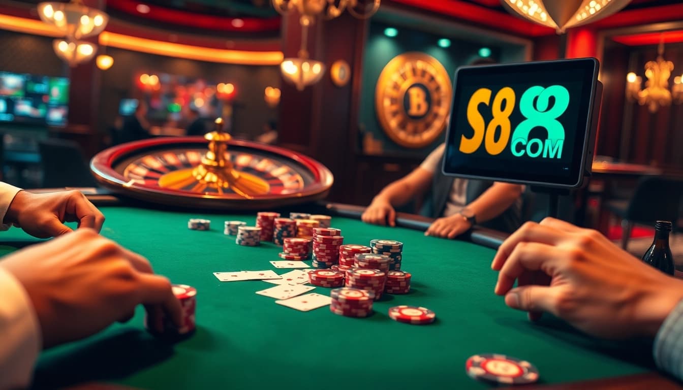 S8 COM transforms your gaming experience at a lively poker table with competitive players engaged in action.