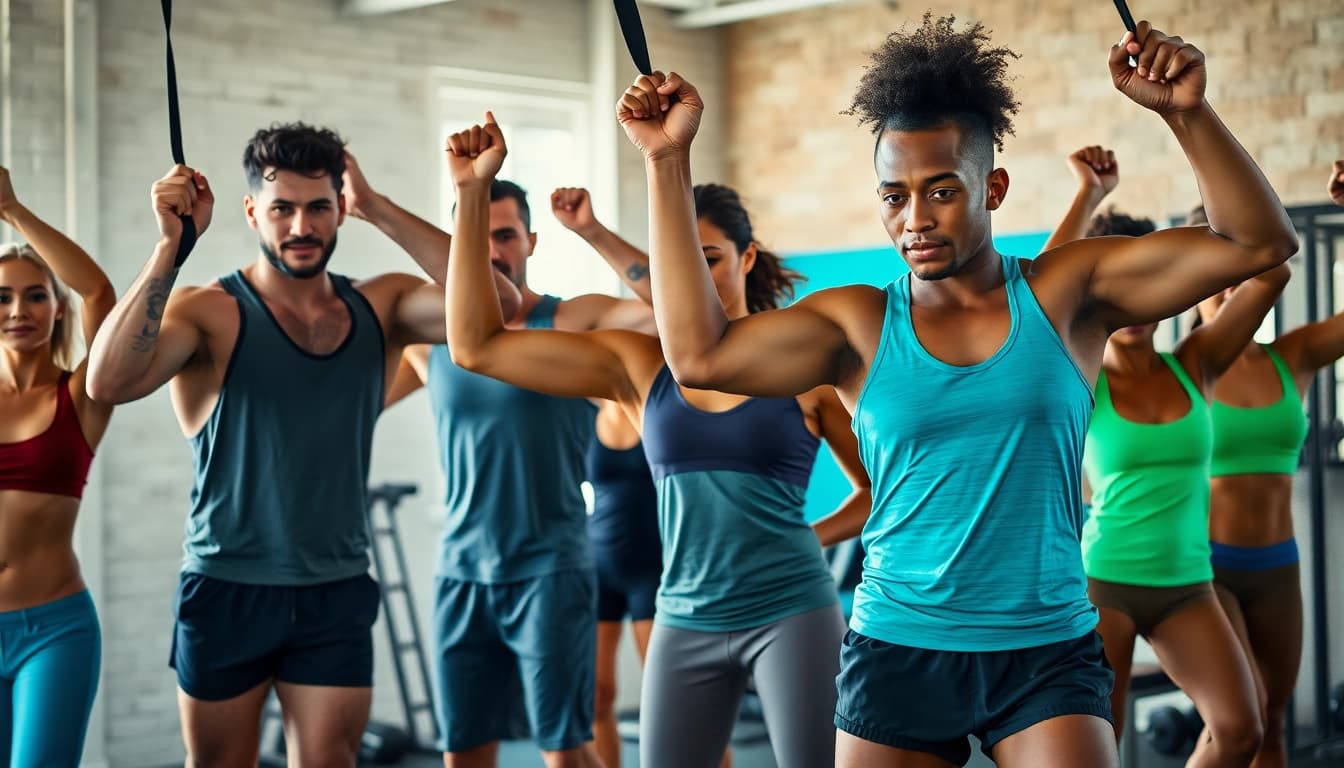 Athletes using pull-up assist bands in an energized fitness session