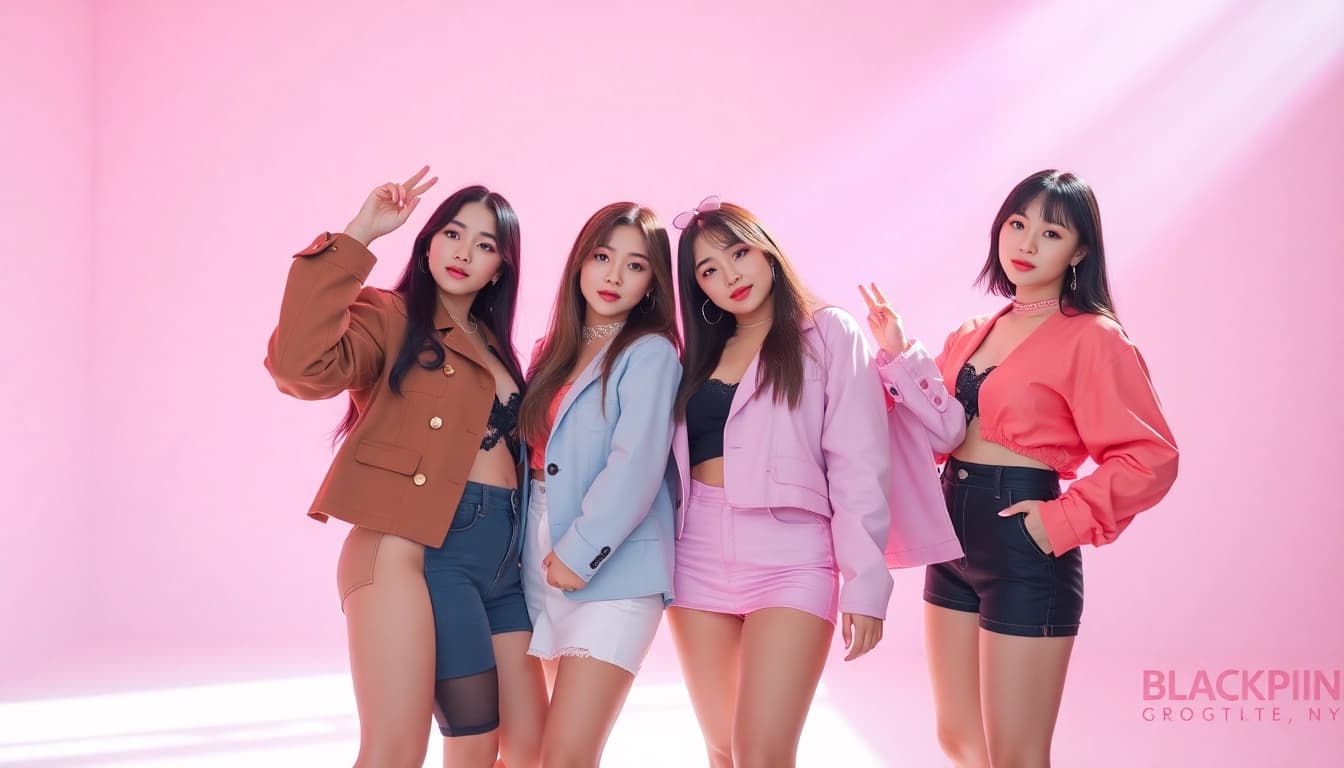Blackpink members showcase their unique styles and unity in a vibrant studio setting.
