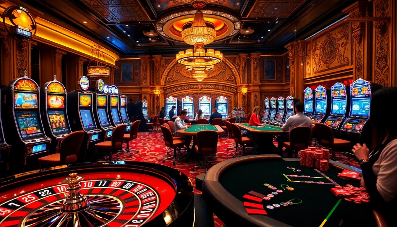 Aksi permainan yang mendebarkan di kasino dengan mesin slot bertema 'obral toto' dan meja poker.